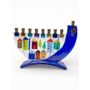 Menorah Handmade Colorful Fused Glass Judaica Hanukkah Tamara Baskin Art Glass